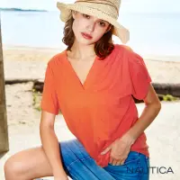 在飛比找momo購物網優惠-【NAUTICA】女裝 素色休閒V領短袖上衣(橘)