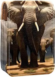 Lipstick Case,Leather Lip Gloss Lipstick Organizer with Mirror,Mini Lipstick Holder Bag,African Animal Family Elephant