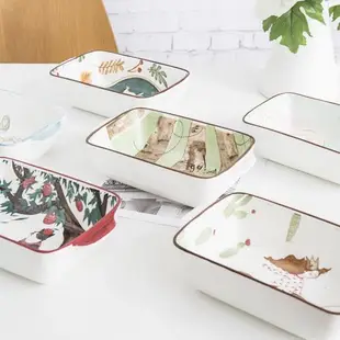 日式家用陶瓷卡通長方形大碼雙耳焗烤盤微波爐烤箱用焗飯盤子餐具
