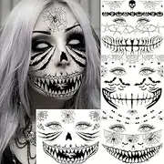 EGMBGM 4 Sheets Scary Halloween Face Temporary Tattoos For Women Men, 3D Witch Zombie Makeup Kit For Kids Girls Boys Adults, Dia de los muertos Day of the Dead Makeup Face Tattoos Spider Web Bat Scar
