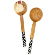 Hand-Carved Kenyan Olive Wood Wooden Chevron Stripe Design Bone Handles Salad Se