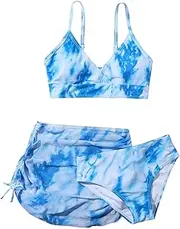 [Betadog] Girls' 3 Pcs Set Print Bikini Swimsuit with Drawstring Beach Skirt Cute Ruched Bathing Suit