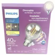 Philips 300 Lumens Dimmable LED Soft White Light 4.5w Globe G16.5 Pack of 3 120v