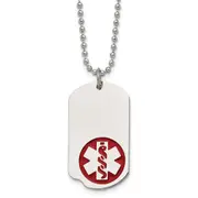 Stainless Steel Chisel Polished With Red Enamel Medical Id Dog Tag On A 22 Inch Ball Chain Necklace