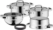 WMF Compact Cuisine 4-Piece Induction Pot Set with Glass Lid, Polished Cromargan Stainless Steel, Uncoated Pot Set, Scale Inside