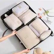 Fxkoolr 7 Set Packing Cubes, Packing Organizers Travel Foldable Luggage Organizers Storage Bag Accessories for Suitcase with Laundry Bag & Shoe Bag, Beige