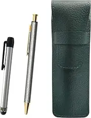 SASMG-ALST-NQ26B-H Grain Leather Pen Case Moss Green Metal Touch Stick Silver and NQ26 All Metal Lizard Paint Retractable Ballpoint Pen Set Gray