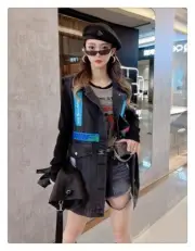 Streetwear Oversized One Size Dark-Wash Denim Vest with Colorful Patches Text
