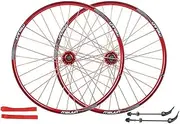 MTB Wheelset Disc Brake Bicycle Aluminum Alloy Wheel 26 Inch 32H Mountain Bike Double Wall Rims with Cassette 7 8 9 10 Speed Bearing Hubs (Color : Red, Size : 26inch)