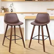 ALFORDSON Bar Stools 2Pcs Wooden Counter Stool 65cm Seat Height Kitchen Dining Chair with Footrest and Adjustable Leg Levelers Vintage Leather Chair for Home Bar Dining Room