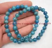 2 Pcs Genuine 8mm Top Natural Blue Apatite Round Gemstone Stretchy Bracelet 7.5"