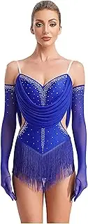 [Riismen] Women's Ruched Mesh Drapes Tassel Dance Leotard Tango Rumba Salsa Latin Dance Bodysuit with Gloves