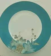 222 Fifth ~ Eliza Teal Peacock Feather Porcelain Dinner Plates Set Of 4 ~ NEW