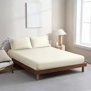 100% Organic Cotton Fitted Sheet Only King Single Size- 1PC Super Soft Subtle Long Staple Cotton 45cm Deep Pocket Fitted Sheet(Ivory, King Single)