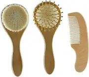 PLAFOPE 3Pcs Wooden Hair Brush Set Gentle Scalp Massager Comb for Newborn Hair Care Safe and Soft Grooming Tools for Delicate Skin Includes Stylish Storage Box