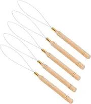 5PCS Hair Extension Loop Needle Beech Wood Handle Pulling Hook Tool for Hair Extensions & DIY Crafting