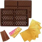 2 Pcs Silicone Chocolate Molds with 20 Gold Foil Wrappers, Deep Silicone Molds for Chocolate Making, Durable and Non-Stick Chocolate Bar Moulds Chocolate Bar, Large Pyramid Shapes Molds