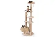 Costway 164CM Wooden Cat Scratching Post w/Dangling Balls & Hand Made Basket Bed Beige