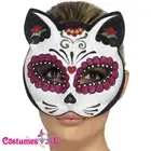 Ladies Sugar Skull Cat Eyemask Glitter Mexican Day Of The Dead Eye Mask Costume
