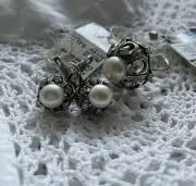 Baroque Style 925 Sterling Silver Pearl and Cubic Zirconia Ring and Earrings Se
