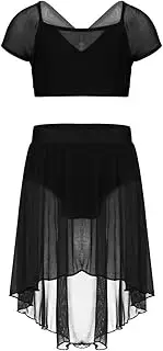[Rswnyirn] Kids Girls 2pcs Ballet Gymnastics Latin Dance Dress Crop Top With Mesh High Low Skirt Outfit Set