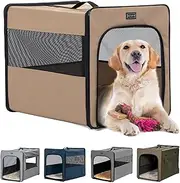 Petsfit Foldable Dog Crate, Dog Box for Home, Dog Transport Box, Foldable Dog Box, Large Dogs, Robust, Lightweight, Safe with 3 cm Thick Plush Mat, Khaki, L 79 x 53.5 x 66 cm