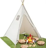 27 Pcs Pretend Camping Play Set Includes Kid Teepee Beige Indoor Play Tent Felt Campfire Toys Wooden Print Throw Pillow Floor Cushion Fluffy Carpets for Boy Girl Adult Dramatic Play Decoration
