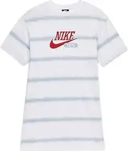 [Nike] Women's Essentials White/Aqua Tie-Dye Striped Logo T-Shirt Dress, Red Logo/Swoosh Silver Metallic Outline, Celebrating Iconic Debut in 1972, 100% Organic Cotton, Loose Fit, Size Medium