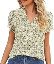 [Generic] Womens Woman Button Up Short Sleeve Digital Print Party Summer Rayon Shirt Hot Ruffle Shirt Women