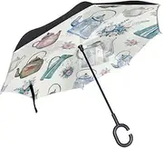 Double Layer Inverted Umbrella Cars Reverse Umbrella Kettle Teapot Rose Watercolor Windproof UV Proof Travel Outdoor Umbrella