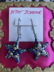 Betsey Johnson Heavenly Creatures Chrome Silver Lucite Blue Stone Star Earrings