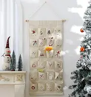 MONOBLANKS Fabric Christmas Advent Calendar with Pockets,Reusable Natural 24 Days Countdown Advent Calendar Hanging Storage Bag for Xmas Holiday Home Wall Decoration (Christmas)