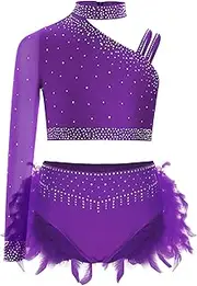 [Miutii] Big Girls' Gymnastic Leotard Modern Ballet Feather Tutu Skirt Sequins Jazz Hip Hop Dancewear