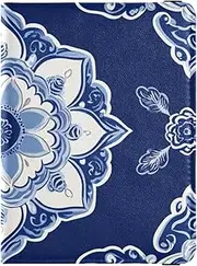 [Amooorous] Chinese Paisley Floral Ancient Blue Leather decorative Passport and Vaccine Card Wallet Combo Vaccine Case Protector Cover Passport Holder Combo with Vaccine Card Slot Ultra Slim, Chinese paisley
