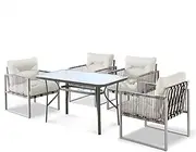 ALFORDSON Outdoor Patio Bistro Set with UV-Resistant PE Wicker, Conversation Set with 4X Armchairs and 120x70x70cm Coffee Table, Lounge Chair & Side Table with Water-Resistant Cushions, Grey Beige