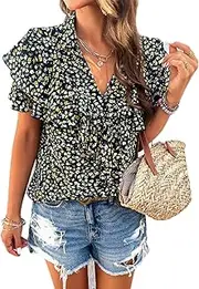 [ZPLxi] Womens Summer Tops Short Sleeve Fashion Floral Ruffle V Neck Blouses Casual Chiffon Printed Shirts Top