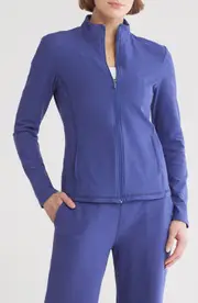 Beyond Yoga On the Go Mock Neck Jacket in Eternal Blue Heather at Nordstrom, Size Small