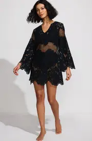 Lands' End Long Sleeve Lace Mini Swim Cover-Up Dress in Black at Nordstrom, Size Large