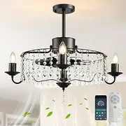Jaycomey 19.6in Crystals Ceiling Fan with Lights, Bladeless Black Fandelier Ceiling Fan with Remote, Industrial Flush Mount Ceiling Fan Lights Ceiling Fixtures for Kitchen Bedroom (6 Speed, Timing)