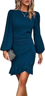 [EFexous] Cocktail Party Work Dress for Women Puff Long Sleeve Bodycon Dress Ruffle Hem Crew Neck Mini Pencil Dress