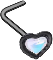 [Pierced Owl] 20GA Black 316L Stainless Steel Heart Moonstone L-Bend Nose Stud, 20ga, Metal, no gemstone