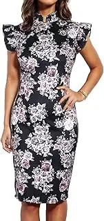 [oxiuly] Women's Vintage Floral Flare Stretch Stand Collar Work Pencil Dress OX183