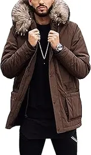 [Generic] Men's Parka Jacket with Faux Fur Hood Big and Tall Winter Hooded Parka Jacket Water-Resistant Warm Winter Coat