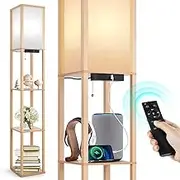 OUTON Floor Lamp Shelf with Remote Control, Dimmable & 4 Colour Temperature Adjustable, 1H Timer, LED Floor Lamp with 2 USB Ports, Floor Lamps with Lampshade for Living Room, Bedroom, Office, Wood