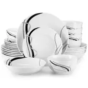 Porcelain Dinnerware Sets for 6, 24 Pieces Plates and Bowls Set with Black an...