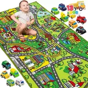 Carpet Playmat W/ 12 Cars Pull-Back Vehicle Set for Kids Age 3+, Jumbo Play Room