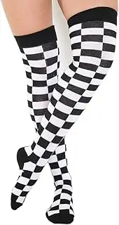 [COSHAL] Girls' Over The Knee Black and White Checkered Socks Over The Knee Fancy Dress Socks Themed Cosplay Christmas & Halloween Socks