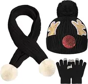 [Chinyuti] Kids Winter Hats Gloves Scarf Set, Toddler Boy Girl Beanie Hat Scarf Touchscreen Gloves with Elk Antlers for Ages 2 to 6