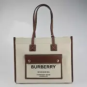 BURBERRY Small Freya Natural/Tan Leather And Canvas Tote Bag New