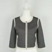 Narciso Rodriguez Women's Size 10 Black Cream Striped Silk Blend Zip Cardigan